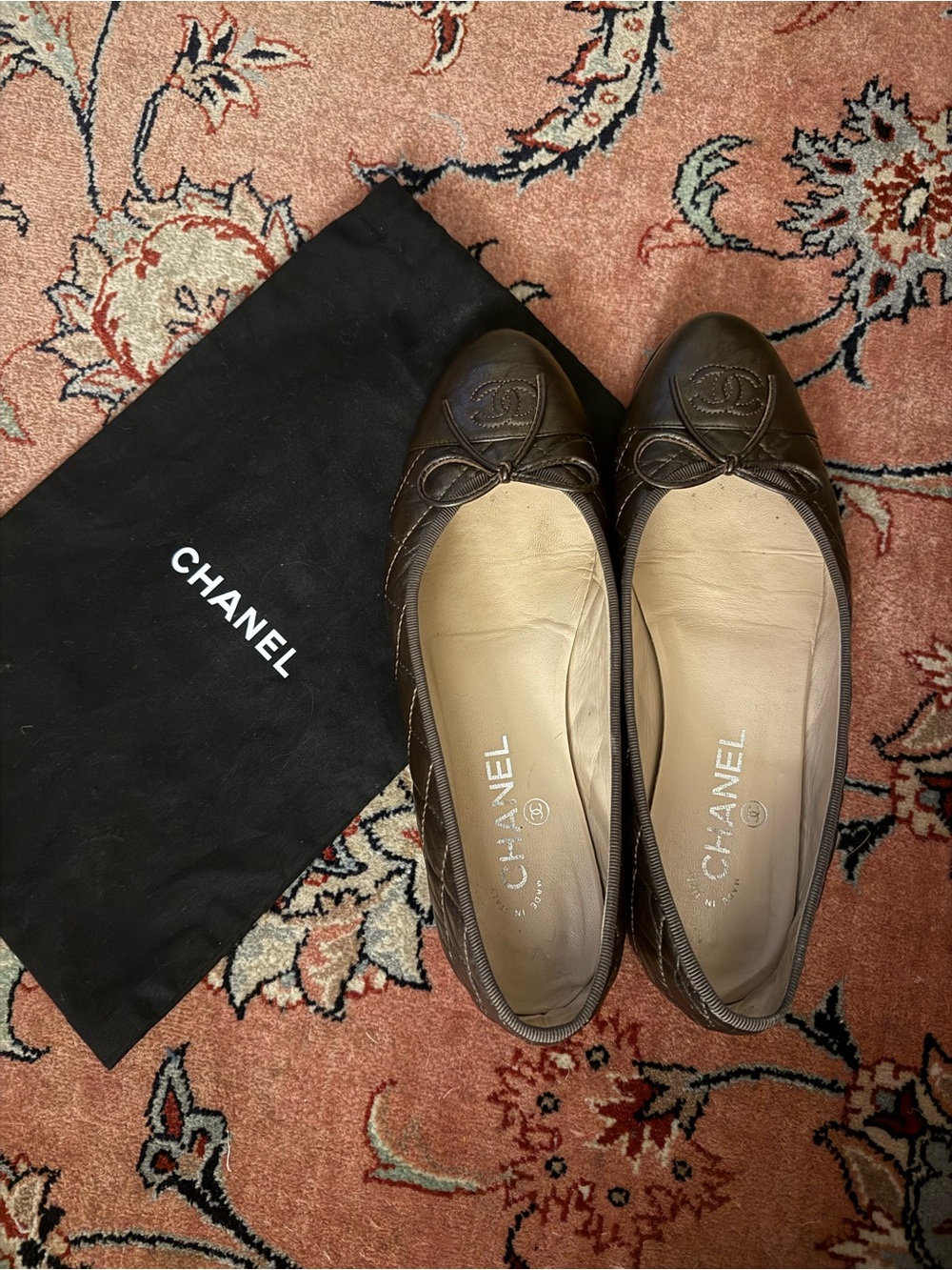 CHANEL Dark Brown Quilted Leather Ballet Flats with CC Bow - Picture 3 of 6
